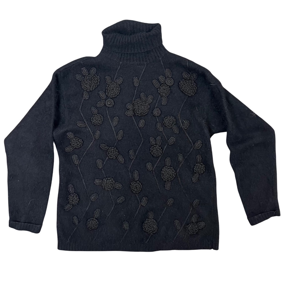 Rafaella Black Turtleneck Sweater Crochet Applique Angora Lambswool Blend Medium